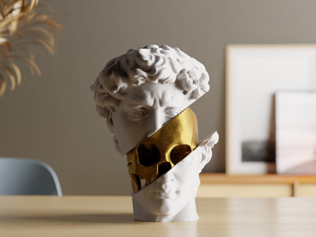 Michelangelo David Bust – Modern Art Sculpture with Gold Skull Design – Unique Home Décor