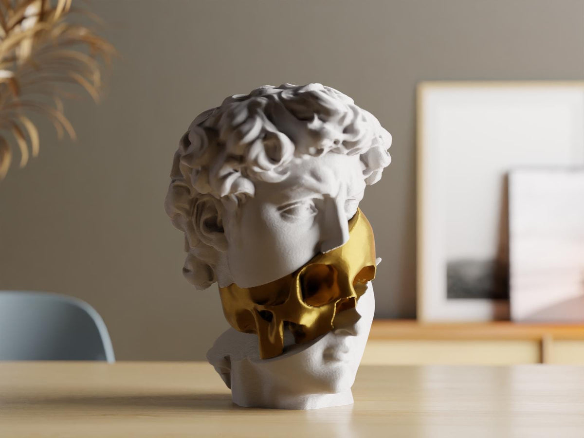 Michelangelo David Bust – Modern Art Sculpture with Gold Skull Design – Unique Home Décor