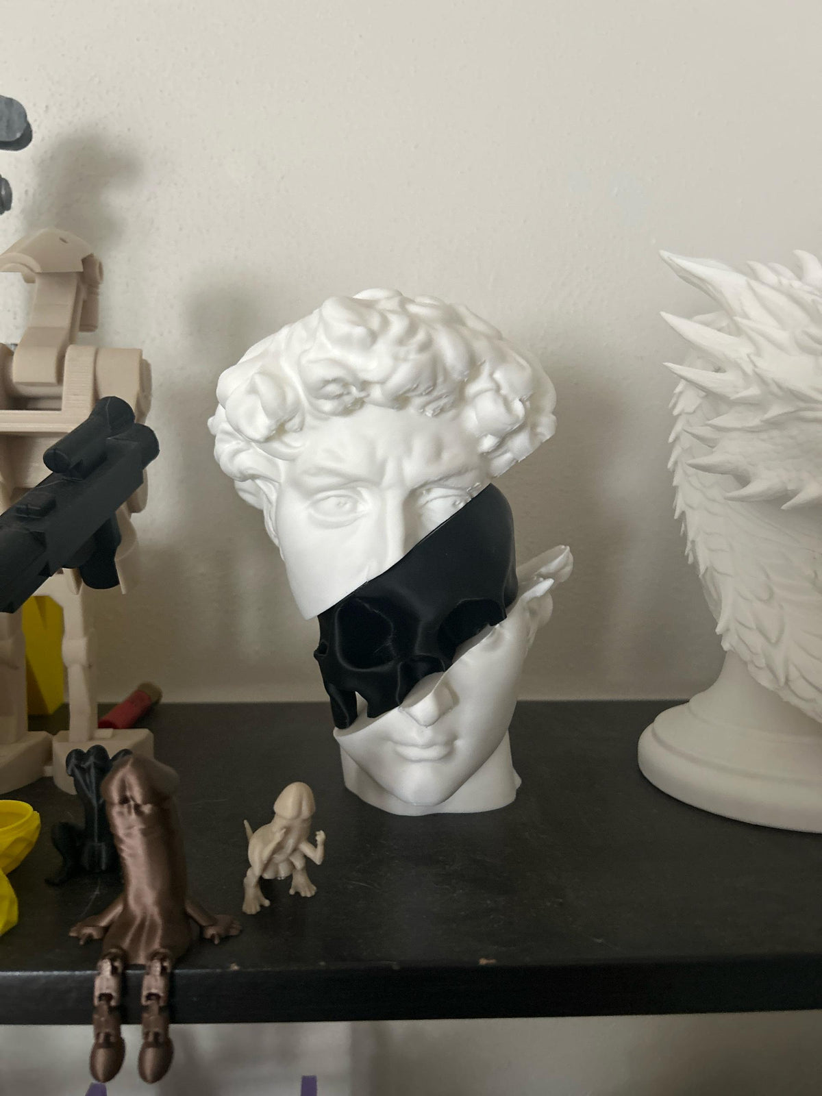 Michelangelo David Bust – Modern Art Sculpture with Gold Skull Design – Unique Home Décor