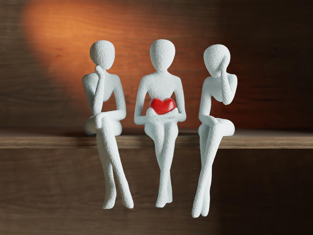 Modern 3D Printed Figurine trio | Minimalist Couple Sculpture with Red Heart | Romantic Shelf Decor Gift