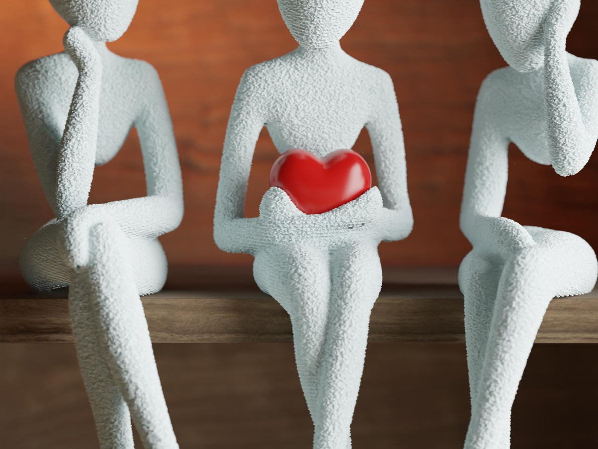 Modern 3D Printed Figurine trio | Minimalist Couple Sculpture with Red Heart | Romantic Shelf Decor Gift