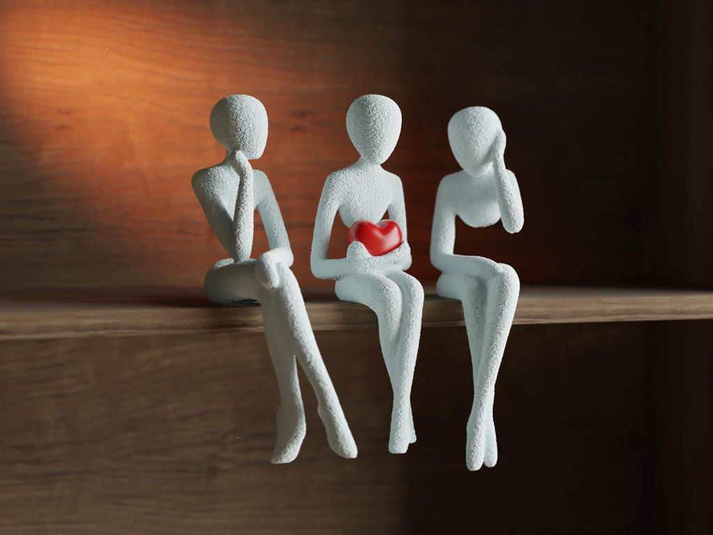 Modern 3D Printed Figurine trio | Minimalist Couple Sculpture with Red Heart | Romantic Shelf Decor Gift